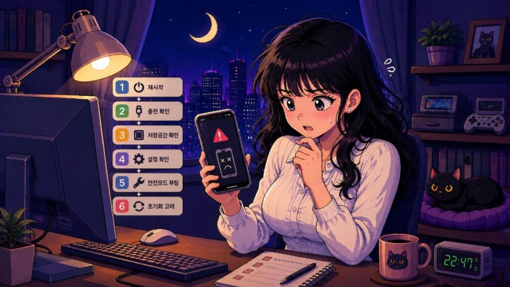 문제가 발생한 스마트폰을 점검하는 모습